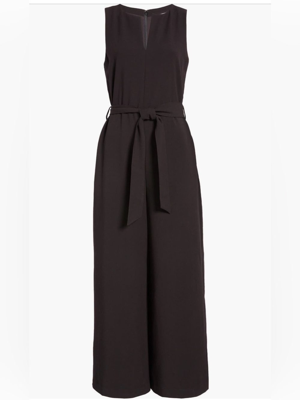 ❤️ Split Neck Women's Black Sleeveless Belted Jumpsuit